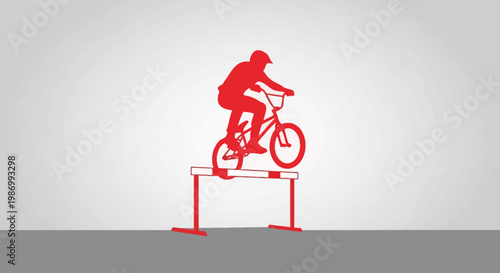 Red Silhouette BMX Rider Performs Trick Over Obstacle On Grey Background