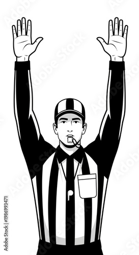 Referee Making Victory Signal With Both Arms Raised High