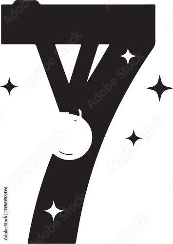 Black number seven icon with sparkles, starburst design element, lucky seven symbol, vector graphic
