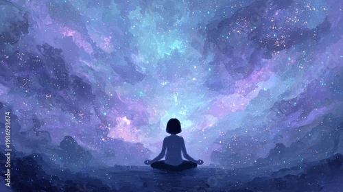 Transcendental space meditation: lone figure in a tranquil cosmic realm with stars and nebula haze