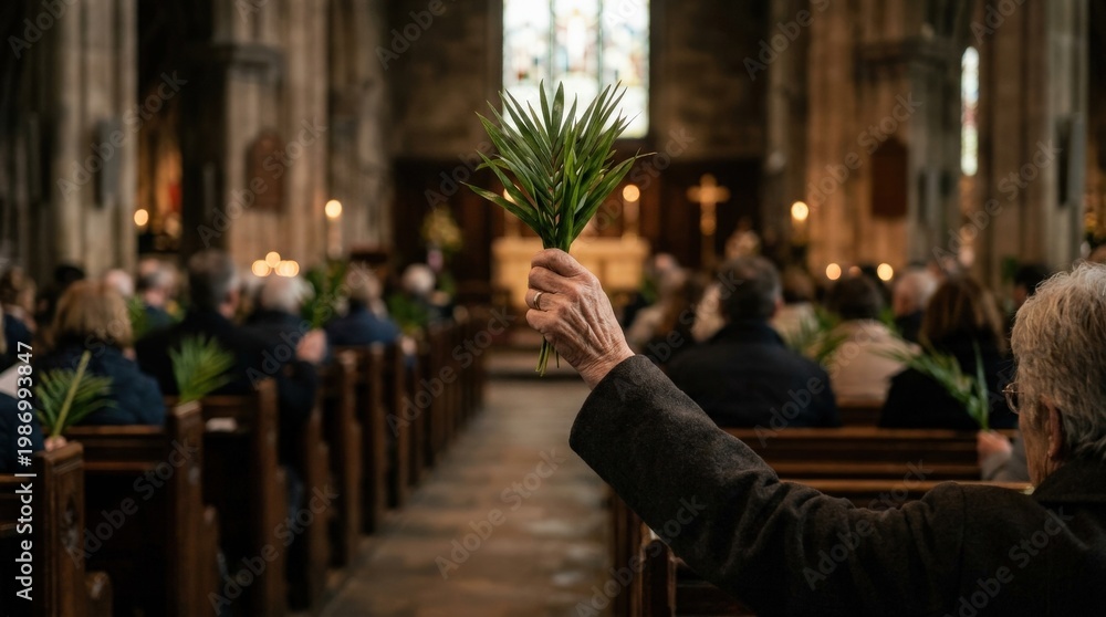 Naklejka premium A hand lifts palm branches inside a softly lit church, blurred pews and shallow depth of field surrounding a sacred Holy Week moment filled with worship and quiet devotion, ultra-realistic, no logos.