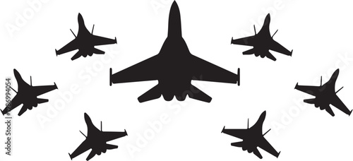 Military fighter jet silhouettes, aircraft icons, black plane graphics, aviation symbols