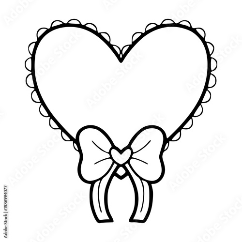 orate heart with bow and scalloped edge line art illustration