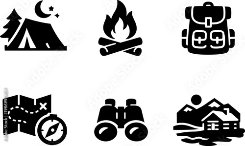 Camping adventure icons tent travel nature
