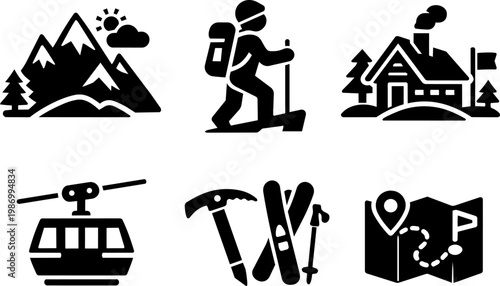 Camping icons mountains hiking tent fire