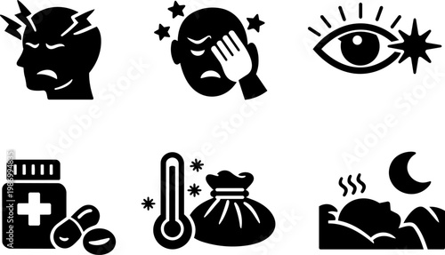 Illness symptoms icons headache nausea treatment