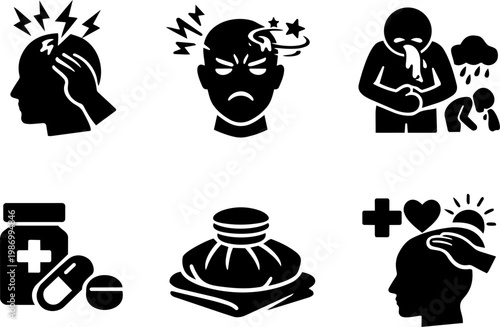 Illness symptoms icons headache nausea treatment. Vector