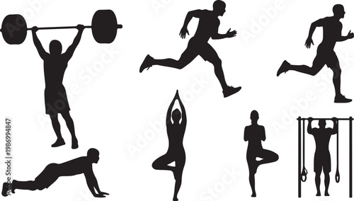 Fitness icons, workout silhouettes, exercise vector set, black fitness graphics