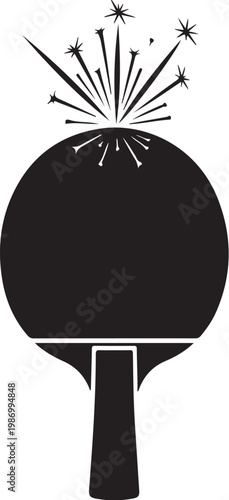 Table tennis racket, black paddle, sparkler explosion, sports icon, vector graphic