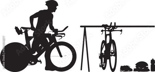 Cycling silhouettes, bicycle accessories, sports equipment, fitness icons, vector graphics