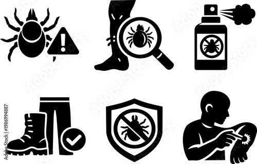 Insect protection icons spray repellent tick. Vector