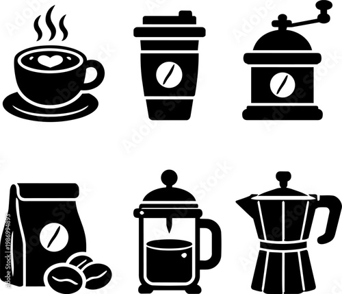 Coffee icons cup beans grinder moka