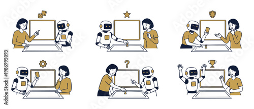 Robot and Human playing board games set, digital strategy and cooperative interaction illustration, artificial intelligence learning, collaboration concept between woman and machine in modern business
