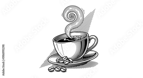 A steaming cup of coffee on a saucer with coffee beans.