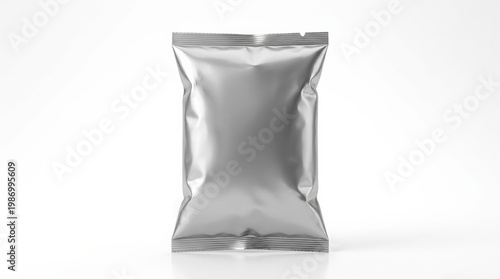 A blank plastic foil snack bag for packaging mockup, clean sealed edges, smooth reflective material and upright isolated presentation on a white background, modern studio clarity, ultra-realistic, no