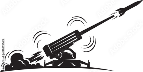 Military rocket launcher, missile launch, black silhouette, explosive blast, vector illustration