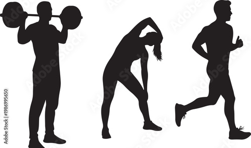 Fitness, exercise, sports, silhouette icons, black, vector graphics, athletic, workout, 3 poses