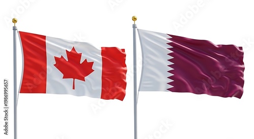 Flags of canada and qatar waving side by side on white background