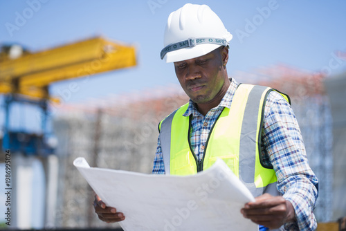 african american civil engineer reviewing blueprints at a construction site, professional construction worker in a hard hat and safety vest holding floor plans