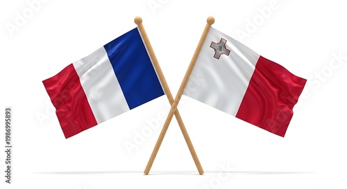 French and maltese flags crossed a symbol of bilateral relations and european cooperation
