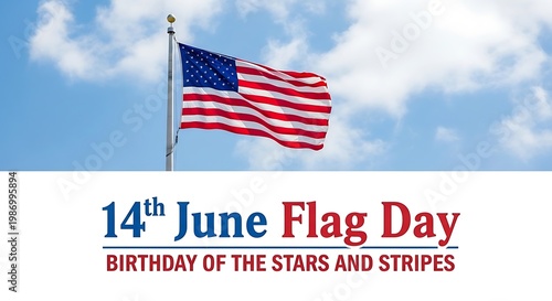 American flag waving proudly on flag day with a festive text overlay