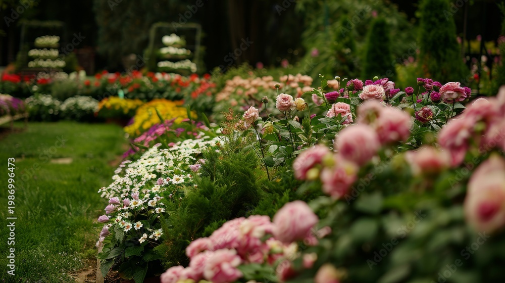 Obraz premium Colorful flower garden featuring blooming roses, daisies, and various plants arranged in neat rows with lush green grass and trees in the background