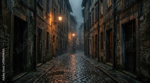 A back street alley with old city houses in rain at night, wet cobblestones reflecting dim lamps, narrow dark passageway, moody shadows and misty atmosphere, empty urban noir scene, ultra-realistic,