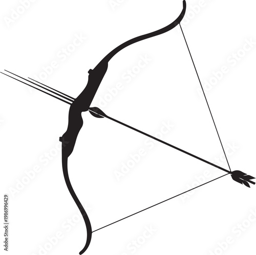 Black bow and arrow, archery equipment, hunting icon, vector graphic