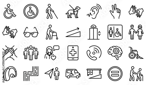 icon set in modern clean line style representing disability, accessibility, inclusion, and assistive support concepts