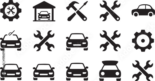 Collection of black and white representing car repair and maintenance services automobile