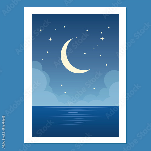 Flat vector illustration of a crescent moon reflecting over calm blue ocean waters.