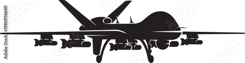 Black drone silhouette, unmanned aerial vehicle, UAV, aircraft icon, military drone