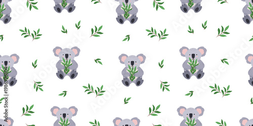 Cute koala eats eucalyptus leaves. Seamless pattern cute animal. Vector illustration, cartoon background, wallpaper.