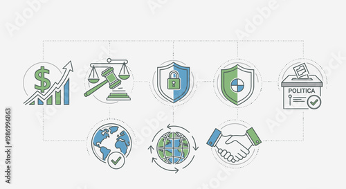 Conceptual graphic illustrating finance law security and politics on white background