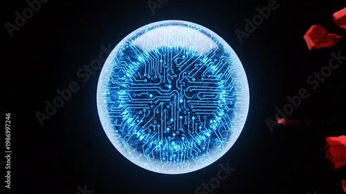 Wallpaper Mural A futuristic circuit board glows blue within a transparent sphere against a dark background with red fragments. Torontodigital.ca