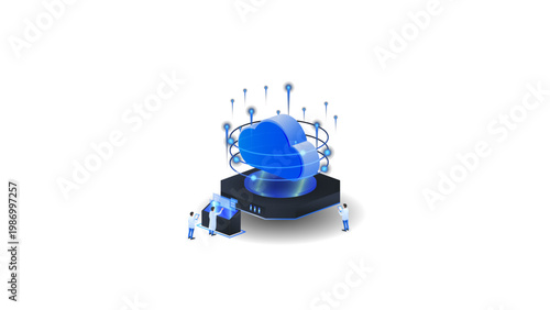 Cloud computing isometric vector illustration. Cloud Computing Technology Concept with Digital Data Storage and engineering.