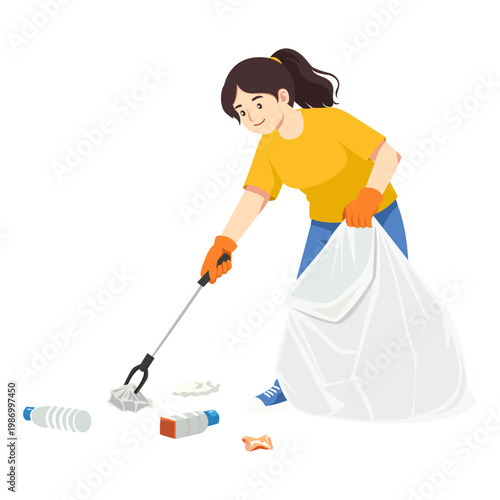 Woman Cleaning Environment By Picking Up Trash With Grabber Tool And Holding Garbage Bag Outdoors