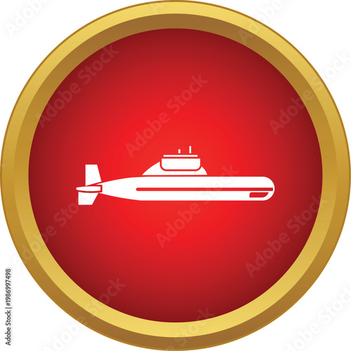 Submarine icon, a white stylized boat with a conning tower, within a red circle