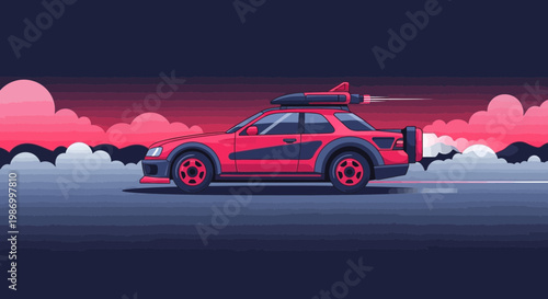 Retro Futuristic Red Car With Rocket Booster In Motion