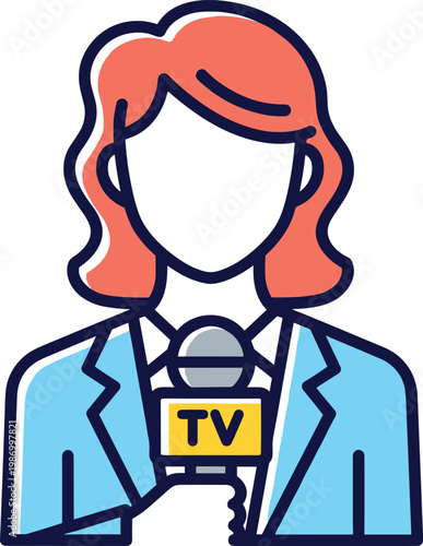 Female TV reporter icon journalist holding microphone news broadcasting media interview presenter avatar flat vector illustration symbol