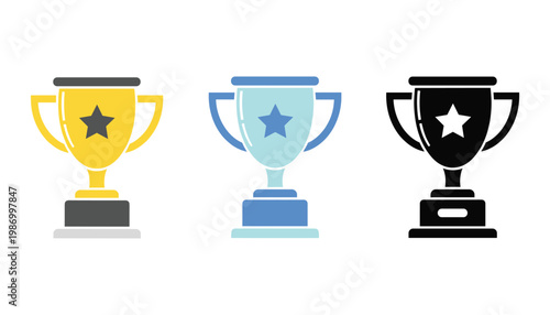 Flat trophy award icon set in gold blue and black colors winner cup achievement success reward symbol vector illustration