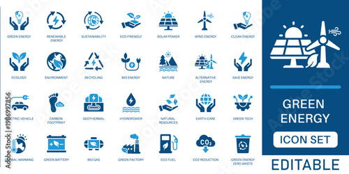 Green energy icon set. featuring ecology, solar power, wind turbine, eco friendly environment, recycling, and sustainable technology in blue flat design.