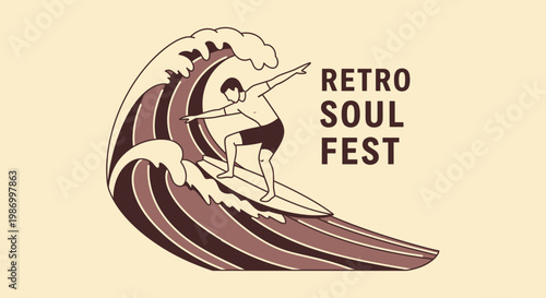 Retro Surfer Riding A Stylized Wave For Music Festival Event