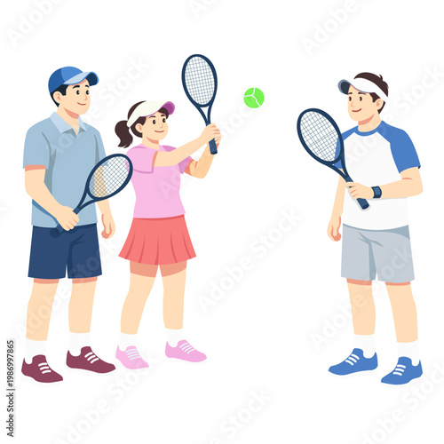 Three People Playing Tennis While Holding Rackets And Hitting Ball In Friendly Match Activity