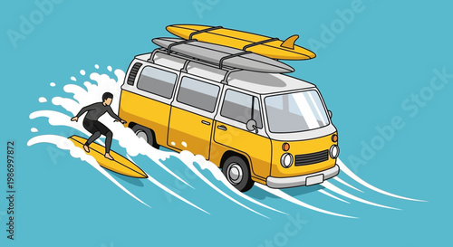 Retro Van Delivers Surfboards To Thrill Seeker Riding Waves