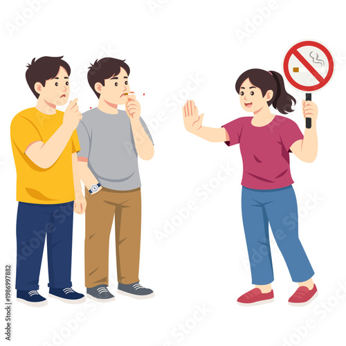 Two Boys Smoking Cigarettes Being Warned And Stopped By Woman Holding No Smoking Sign With Hand Gesture