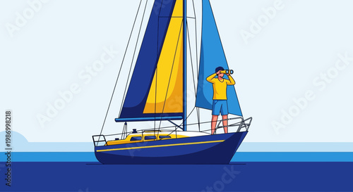 Sailboat Navigator Scanning Horizon With Binoculars For Future Ventures