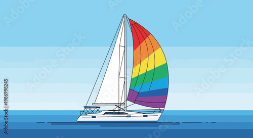 Sailboat With Rainbow Sail Cruising On The Ocean