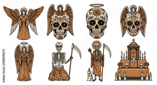 Day of the dead icons angels skulls skeletons and altar illustrations