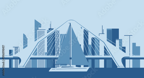 Sailing Through A Modern Cityscape Under A Dramatic Bridge